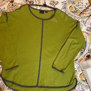 Tribal cotton sweater. Green w/ gray piping. Soft -easy care.